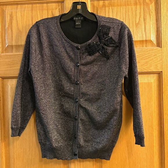 August Silk Silver Shine Black Beaded Embellished Bow Cardigan Women’s L Large - Picture 1 of 8